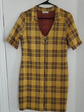 Haley & June Women's Yellow Plaid Zip-Front Fitted Mini Dress Size 1X
